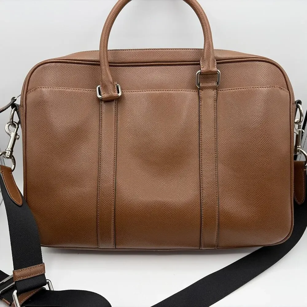 Coach Metropolitan Brown Dark Saddle Slim Briefcase Pebbled Leather Laptop Bag